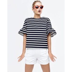 J. Crew Ruffle Sleeve Top Black & Ivory Stripe L